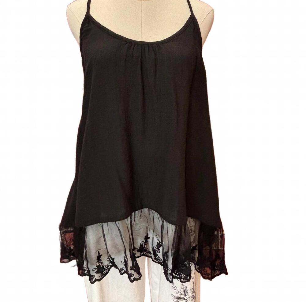 NEW PAPERLACE women's cotton lace hem cami in black